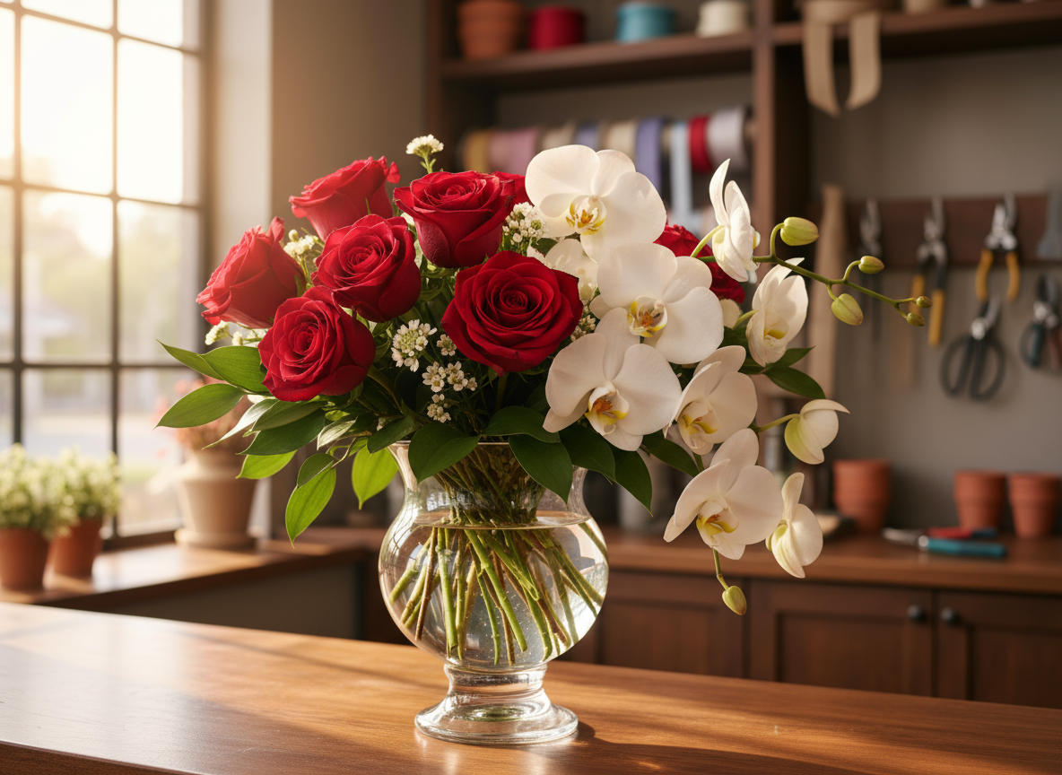 Red Roses and White Orchids for Thank You Arrangements in Plantation